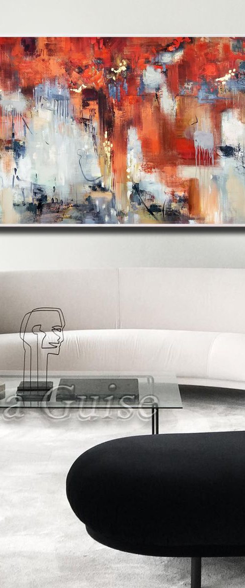 Turn Over - Extra Large Abstract Painting 80" x 40" , Oversize Canvas, Red, Gray, Gold Leaf Soft Colors White Gray Painting by Lana Guise