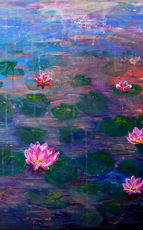 Pink water lilies in the twilight (2021) by Elena Parau