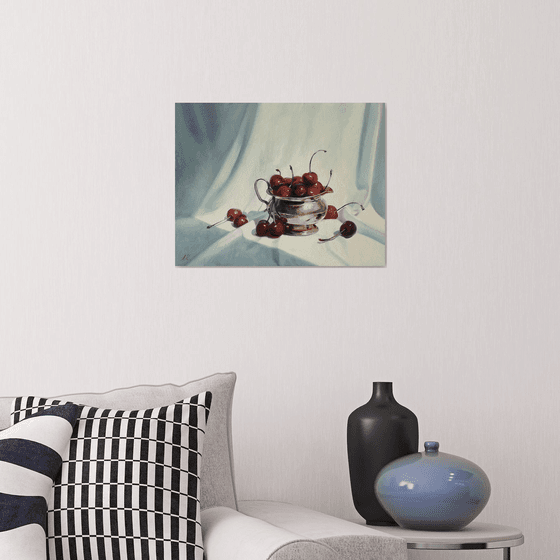 "Cherry flavor. "  still life summer plant cherries red  liGHt original painting  GIFT (2021))