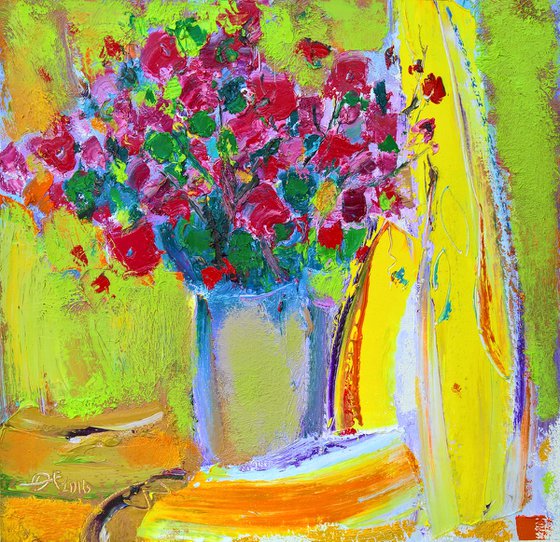 Still life oil painting:flowers in the vase