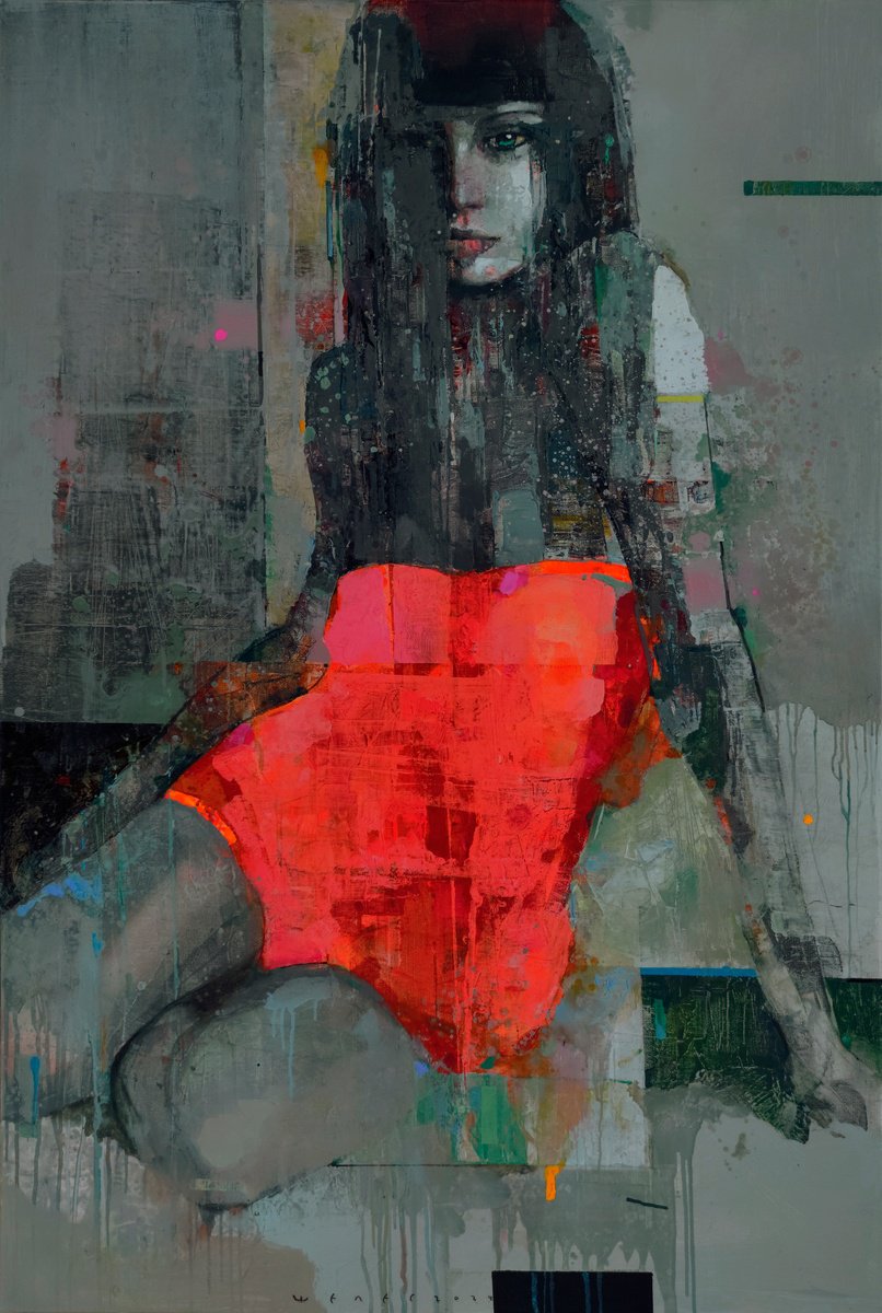 Expressive Portrait Oil Painting By Victor Sheleg, 31 X 47", Green-Eyed Lady In Red, Original Artwork