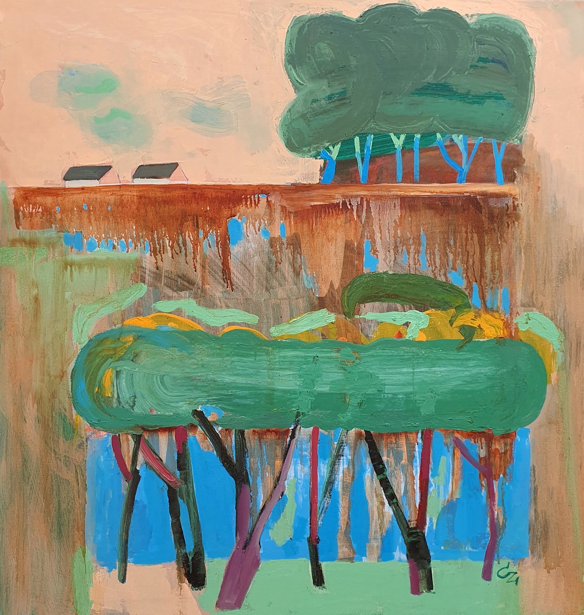 Expressive Landscape Oil Painting By Victoria Cozmolici, 35 X 37", Two Houses, Original Artwork