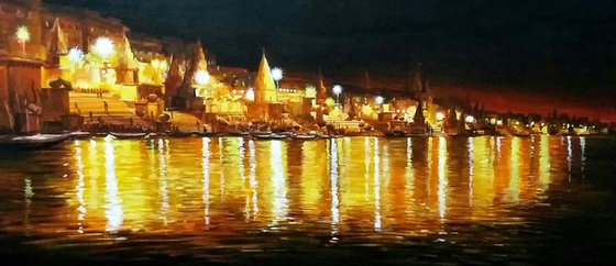 Beauty of Night Varanasi Ghats - Acrylic on Canvas Painting