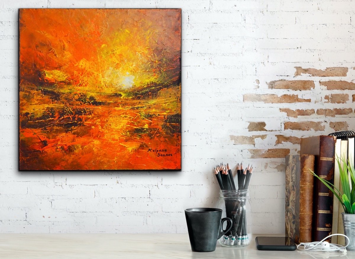 Impressionistic Landscape Oil Painting By Kalpana Soanes, 20 X 20", Faith In The Autumn Sunrise, Original Artwork