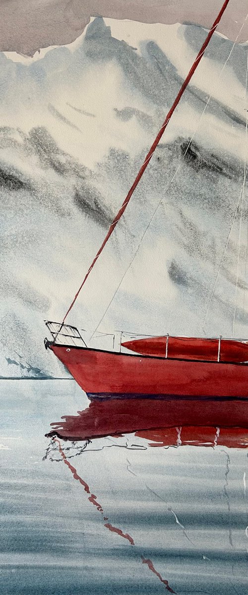 Original watercolour painting Red Aurora Sailboat, Greenland by Inna Nagaytseva