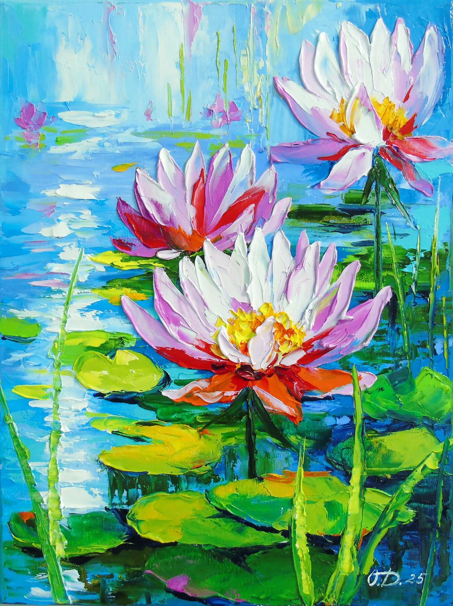 Impressionistic Botanical Oil Painting By Olha Darchuk, 12 X 16", Water Lilies, Original Artwork