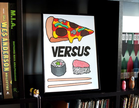 Pizza Versus Sushi - Decisions 2 - Pop Art Painting On A4 Unframed Paper