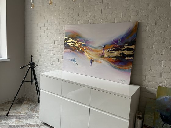 Hummingbird flying. Original abstract painting