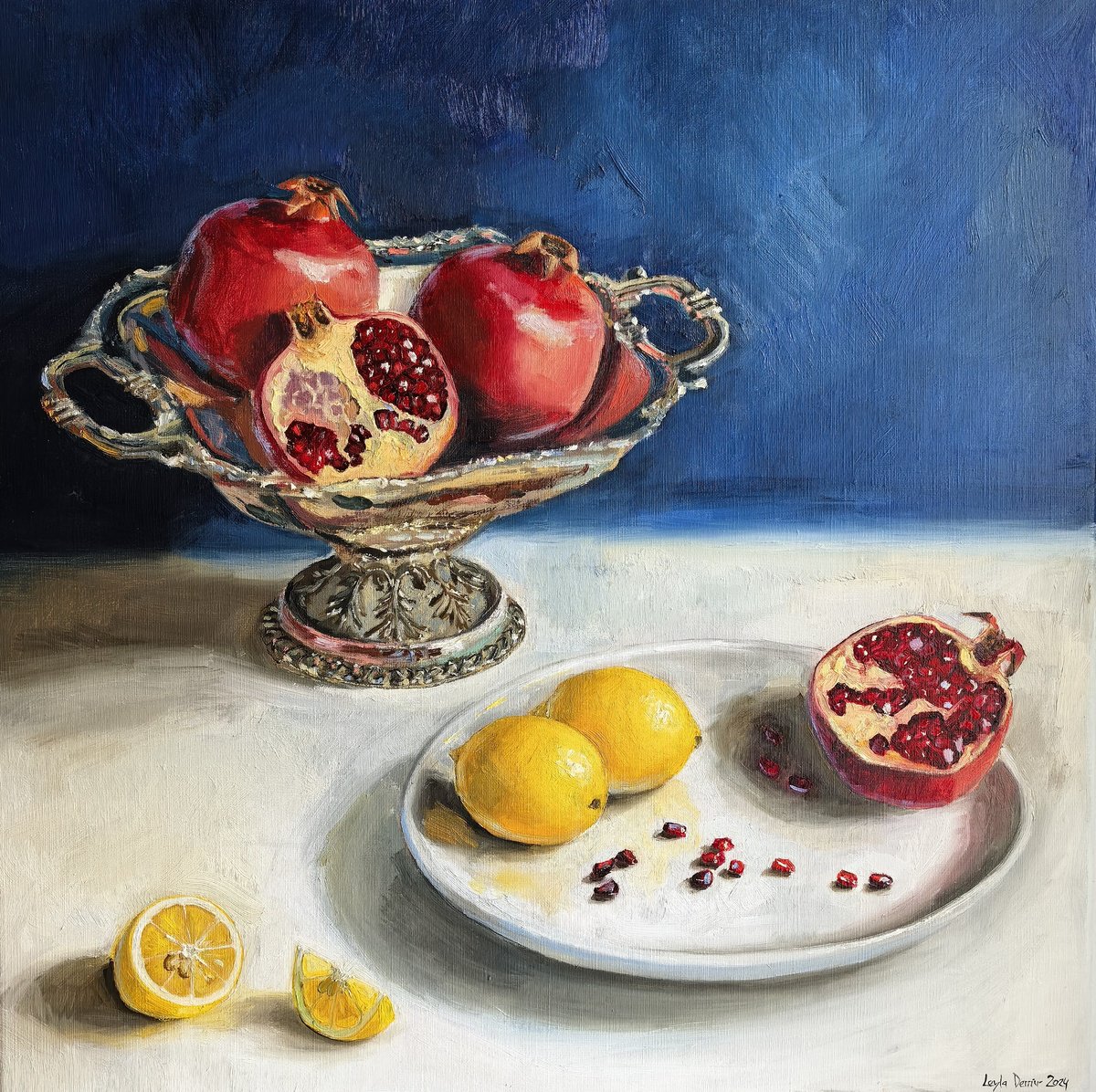 Impressionistic Still Life Oil Painting By Leyla Demir, 24 X 24", Pomegranates And Lemons, Original Artwork