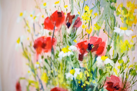 Poppies and camomiles. Summer bouquet in a studio. Bright colors medium size interior abstract flowers red yellow tender