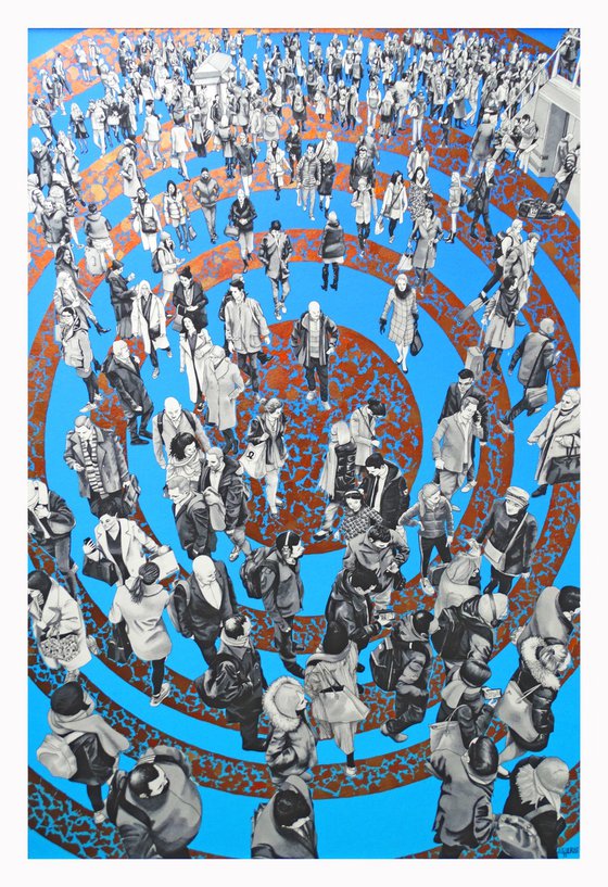 “People At The Station II” (Blue Red Gold Circles)
