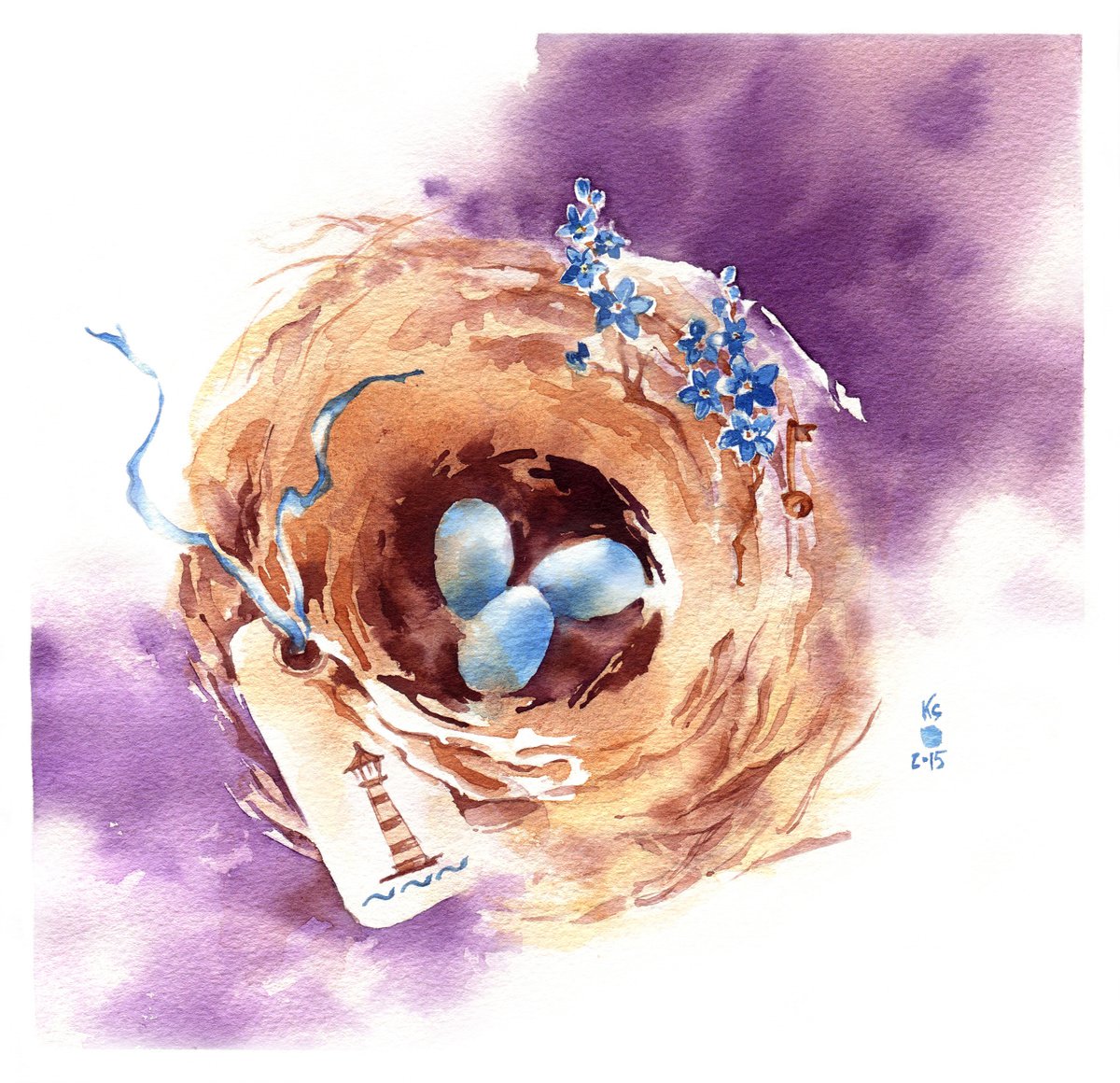 Romantic watercolor sketch Nest by Ksenia Selianko