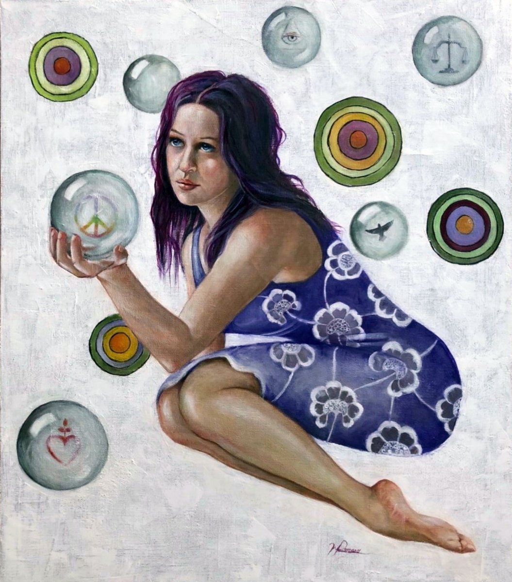 Expressive Portrait Oil Painting By Maria Romano, 28 X 31", Where Is The Peace?, Original Artwork