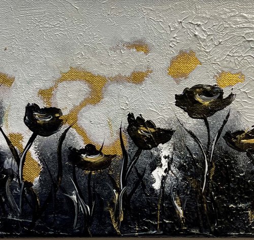 Black and Gold Abstract Poppies. by Marja Brown