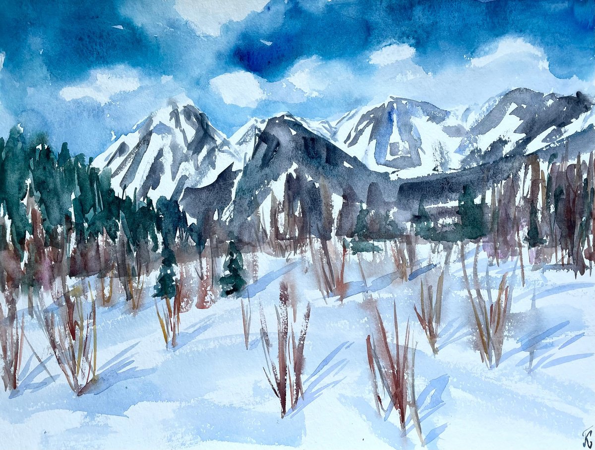Mountain Original Watercolor Painting, Snowy Winter Landscape Artwork, Slovak Home Decor by Kate Grishakova