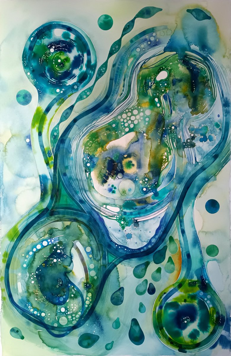 Organic Abstract Watercolour By Ilaria Finetti, 26 X 40, Turquoise Motion 2, Original Artwork