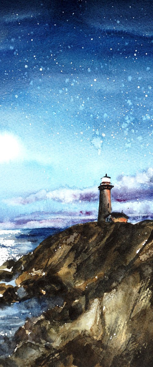 Into the night! ORIGINAL Watercolor Painting - Blue starry sky, ocean, light house by Yana Shvets