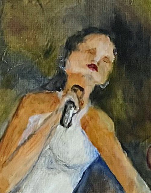 One of a kind female singer painted on a gessoed un-tempered masonite showing several glazes and semi glazes by Mary Gullette