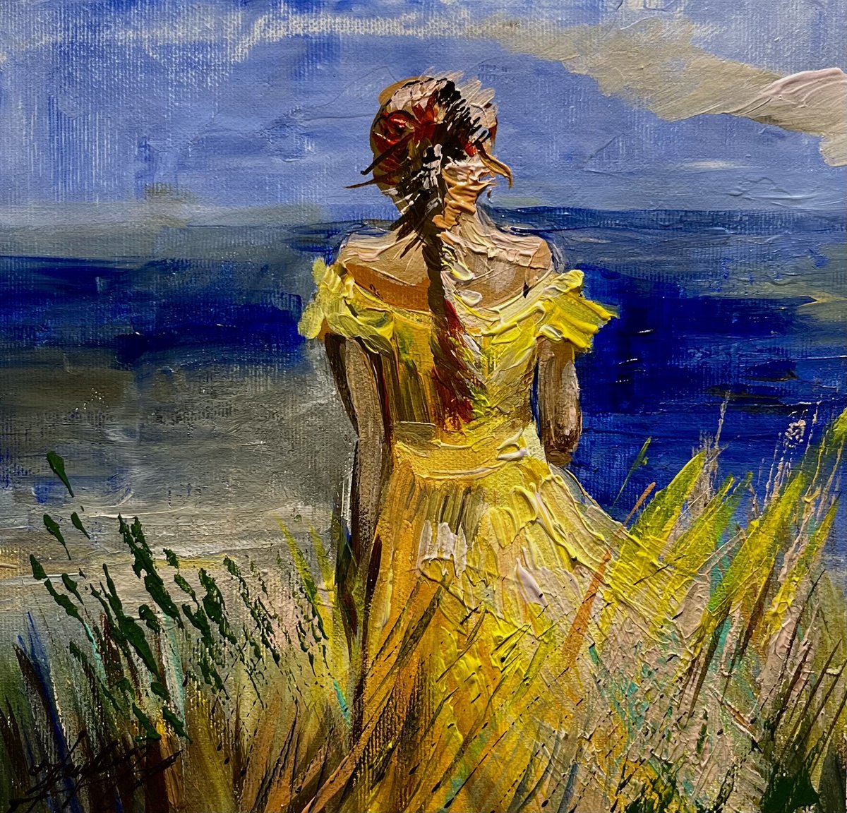 Impressionistic Landscape Oil Painting By Vahe Bagumyan, 9 X 9", Beauty In A Yellow Dress, Original Artwork