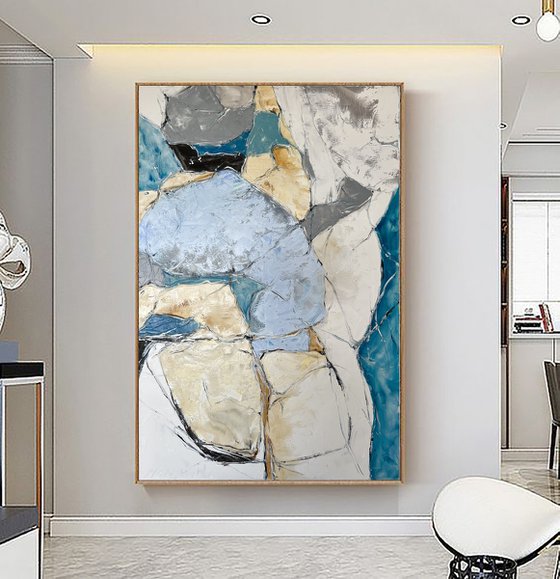 Beige and turquoise abstraction. White and turquoise wall art.