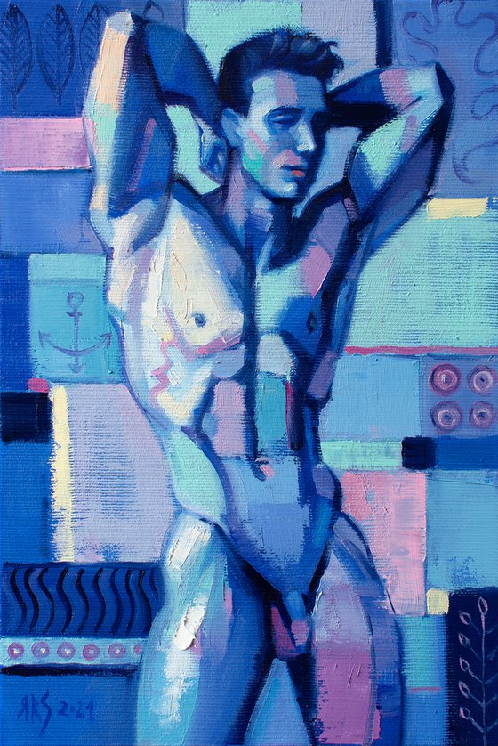 BLUE MALE TORSO by Yaroslav Sobol (Modern Abstract Figurative Oil painting of a Man Nude Male Model Gift Home Decor)