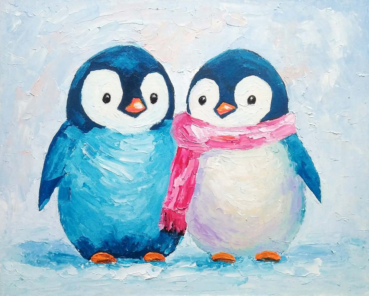 Penguin Painting Couple Bird Wall Art Small Artwork by Yulia Berseneva