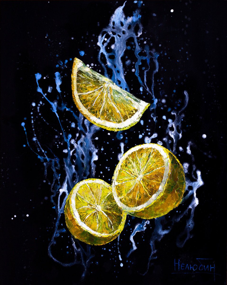 Impressionistic Still Life Oil Painting By Aleksandr Neliubin, 16 X 20, Lemon Wedges, Original Artwork