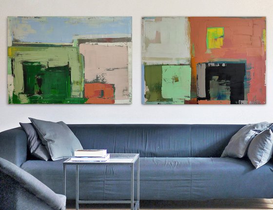 Oil painting, canvas art, stretched, diptych "Layer city 3"". Size 2x (39.4 x 27.5 inches), 2x (70/100 cm).