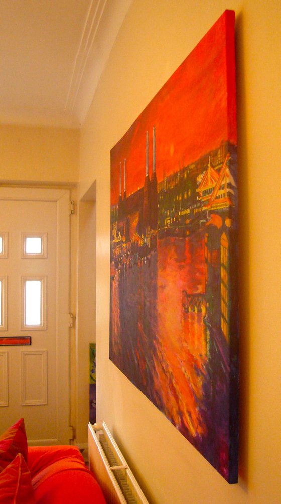 Red sunset behind Battersea Power Station large painting