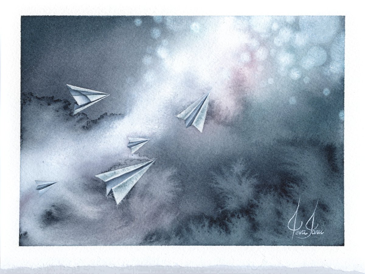 Promises XV - Origami Paper Plane Watercolor by ieva Janu