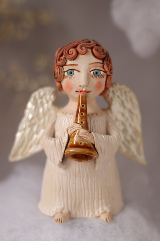 Song of the angel. Angel with a flute OOAK sculpture.