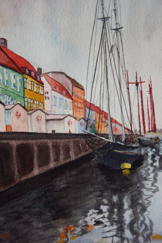 Denmark watercolor painting Harbour Nyhavn with ships in rainy Copenhagen