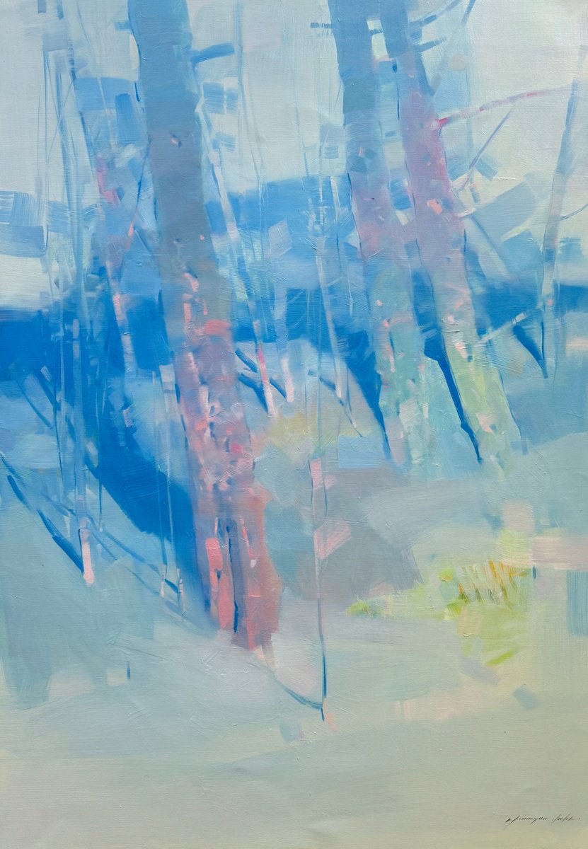 Impressionistic Landscape Oil Painting By Vahe Yeremyan, 30 X 45", Trees In Blue, Original Artwork
