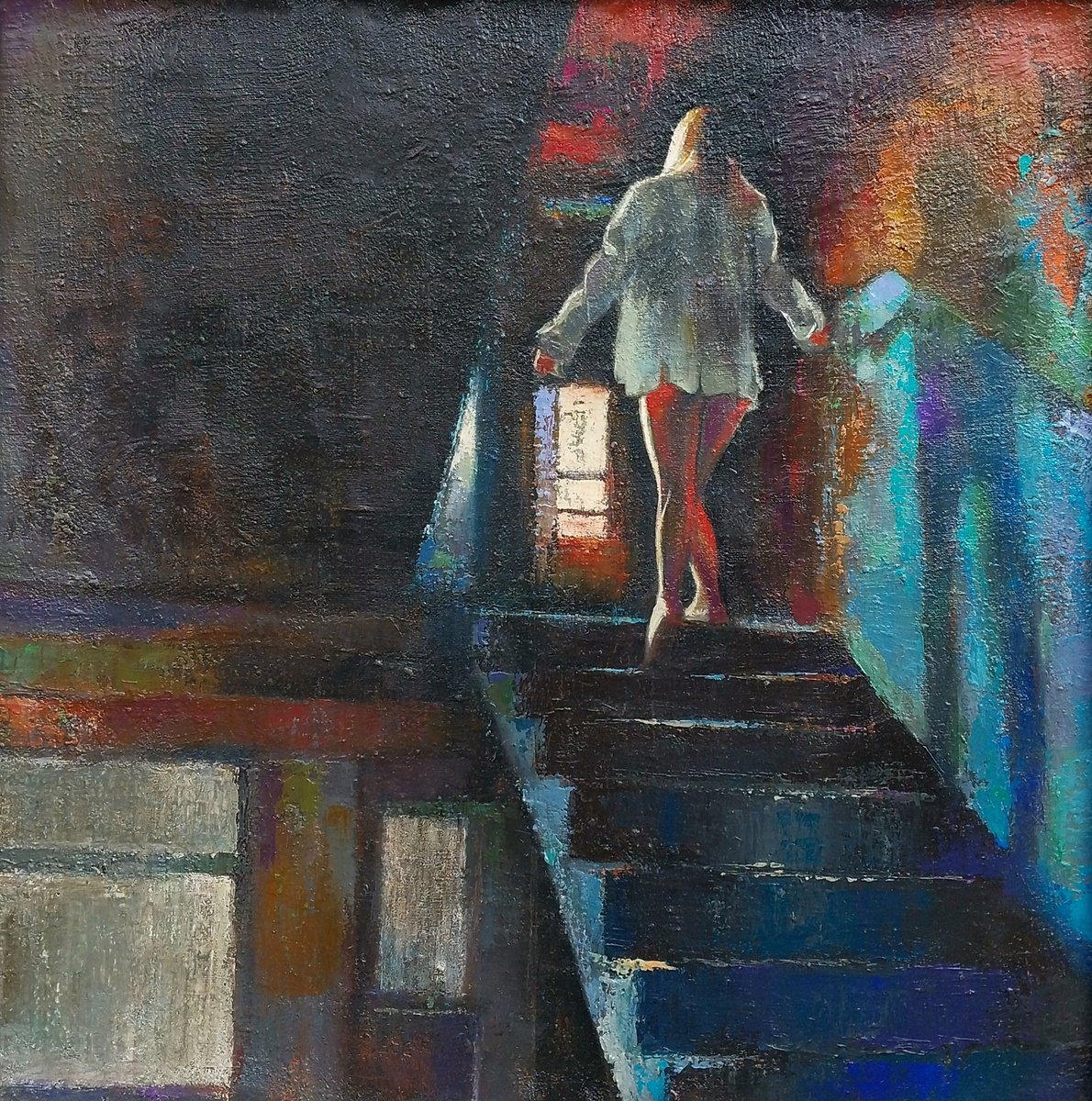 Impressionistic Portrait Oil Painting By Kamsar Ohanyan, 23 X 23", Steps Toward Light, Original Artwork