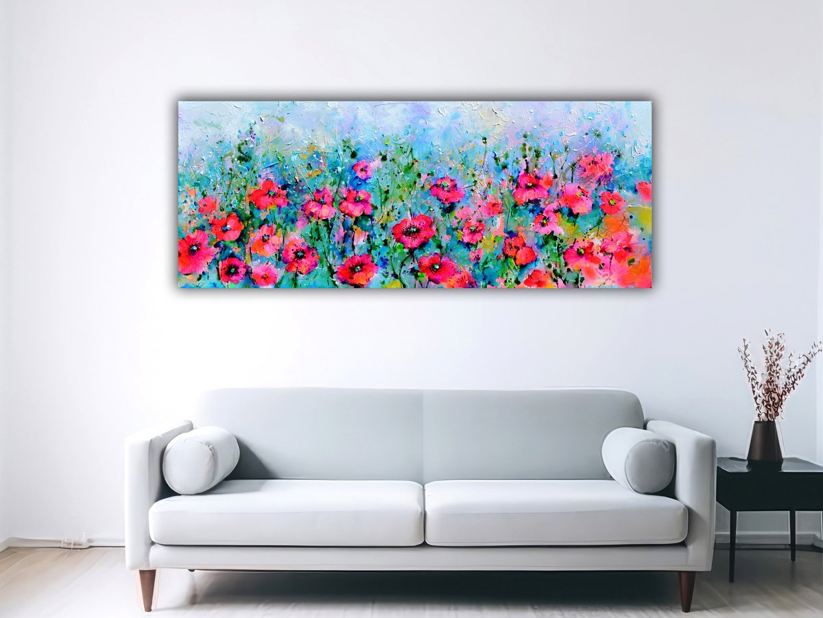 Impressionistic Botanical Acrylic Painting By Soos Roxana Gabriela, 59 X 24", Wild Red Poppy, Poppies Field, Original Artwork
