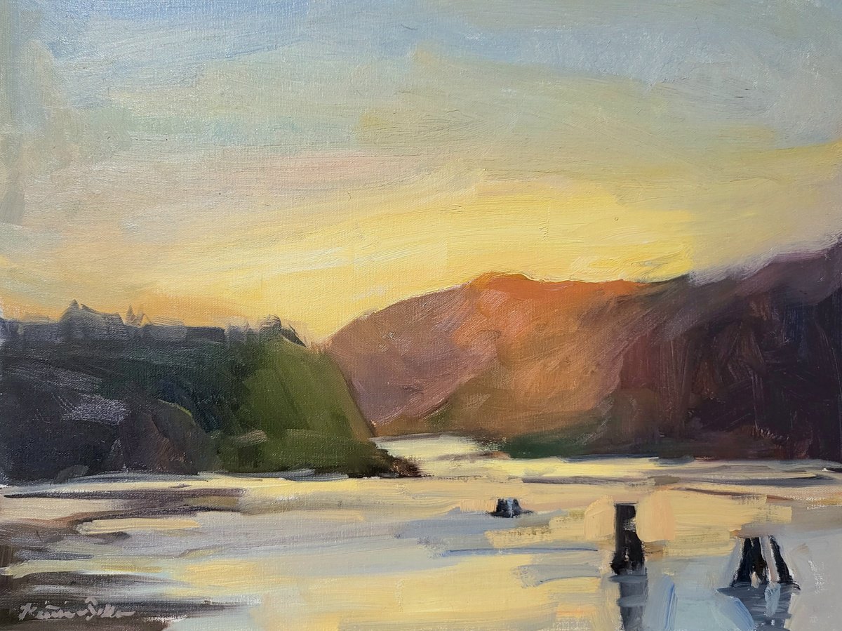 Impressionistic Landscape Oil Painting By Kristina Sellers, 16 X 12", Golden River, Original Artwork