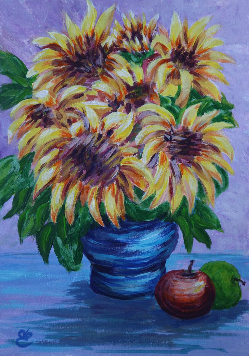 Naive Botanical Acrylic Painting By Dmytro Yeromenko, 10 X 14, Bouquet Of Sunflowers, Original Artwork