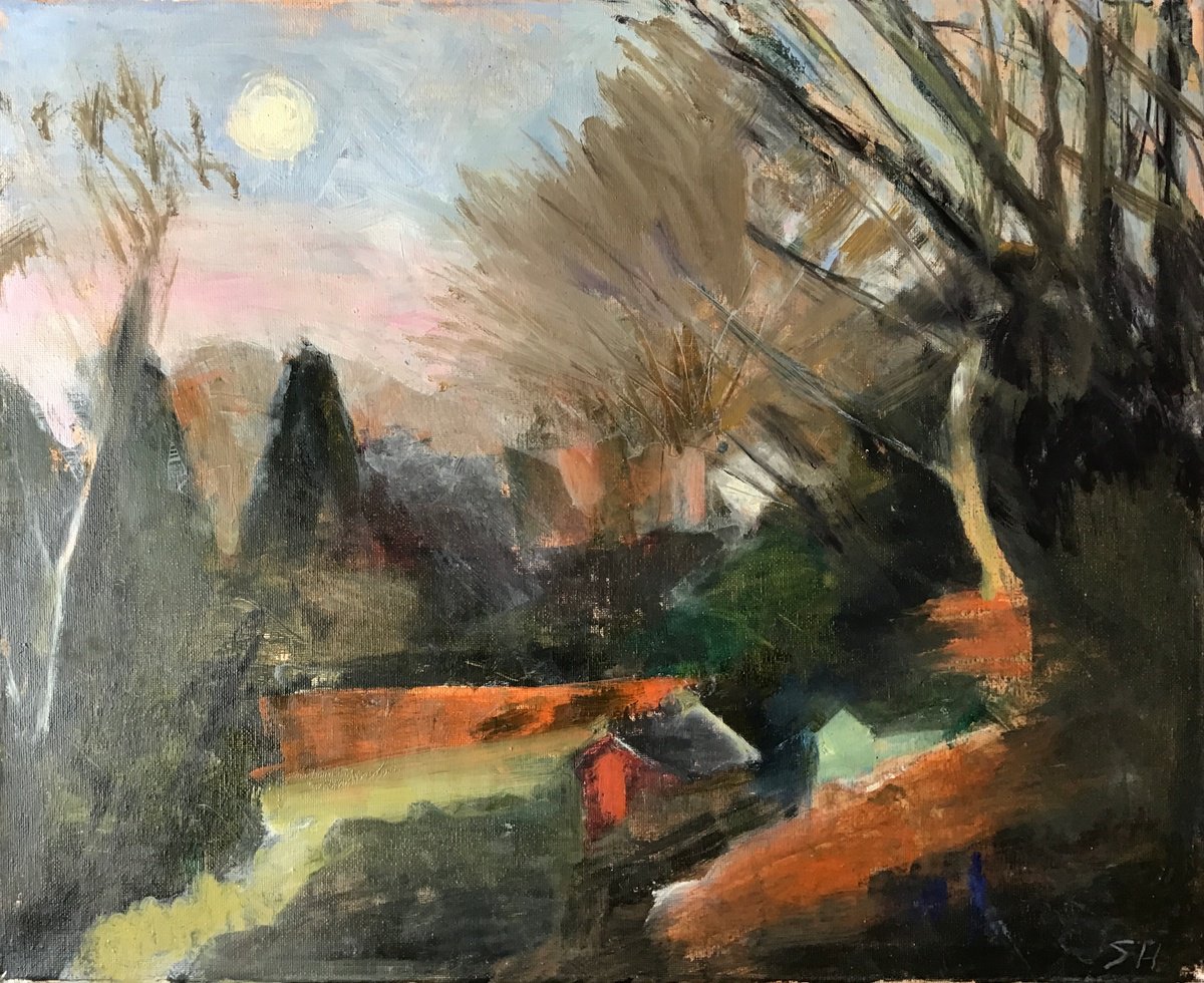 Expressive Oil Painting , Morning Moon 2 By Sandra Haney, 20 X 16, Artwork For Sale On Artfinder