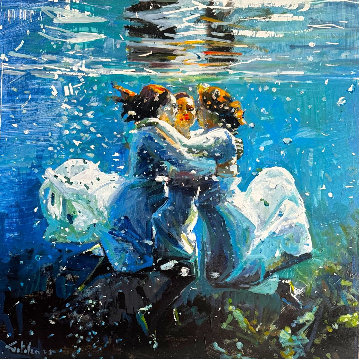 Impressionistic Portrait Oil Painting By Marco Ortolan, 17 X 17", The Three Graces, Original Artwork