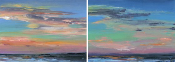 Contemporary acrylic abstract landscapes , coastal dyptych beach wall decor for living room  sea painting medium format gift idea