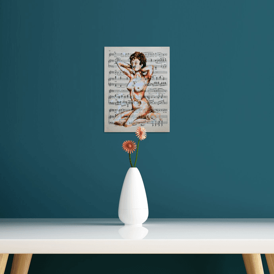 Nude 2 - Sitting Beauty - Collage Art on Vintage Music Sheet Page