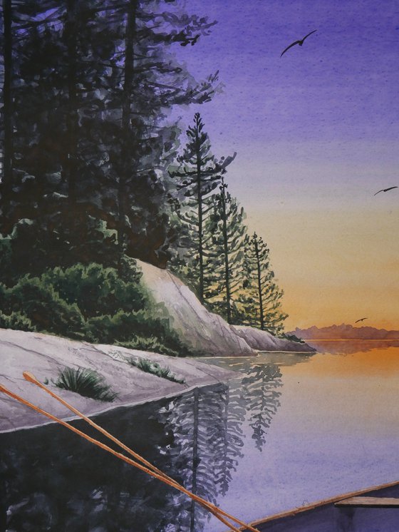 "Canoe on the shore of the lake" 2023 Watercolor on paper 70x50