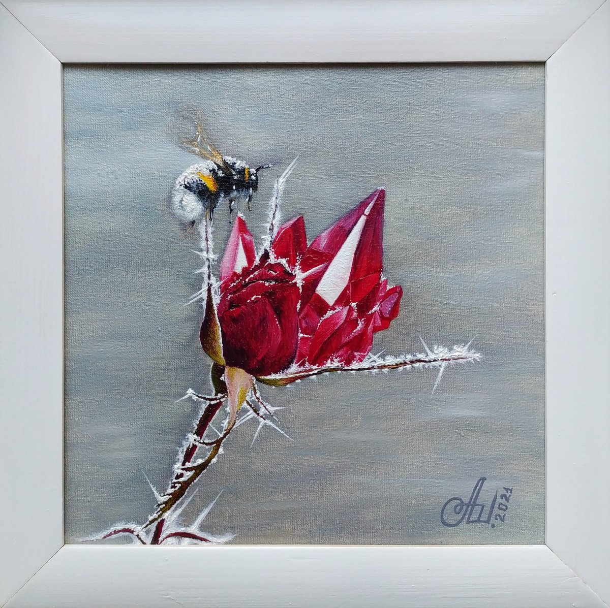 Surrealistic Botanical Oil Painting By Anna Shabalova, 9 X 9, Frozen Warrior, Original Artwork