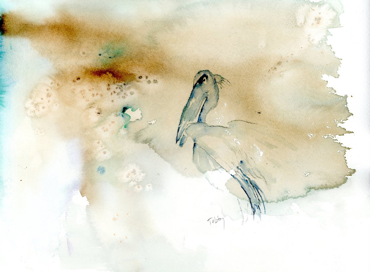 Impressionistic Animal Watercolour By Alex Tolstoy, 14 X 10, Pelican And Wash, Original Artwork