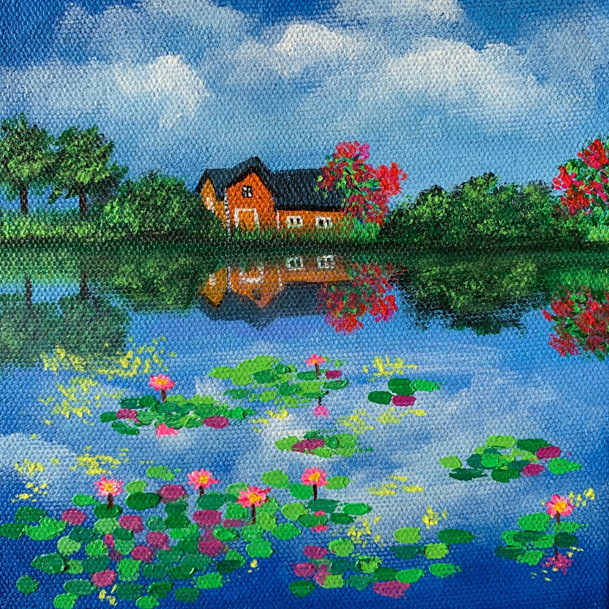House by water lilies pond - 2 ! Small Painting!! Ready to hang by Amita Dand