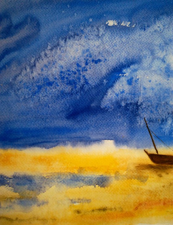 Ocean Painting Nautical Original Art Sailboat Watercolor Seascape Home Wall Art 14 by 10" by Halyna Kirichenko