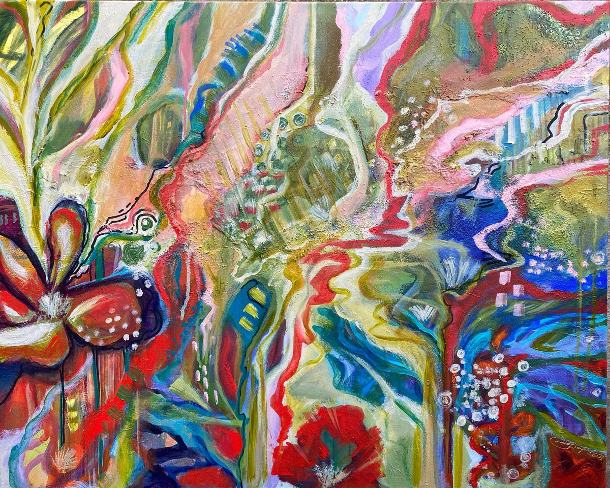 Organic Botanical Acrylic Painting By Swapna Namboodiri, 30 X 24", Garden Whispers, Original Artwork