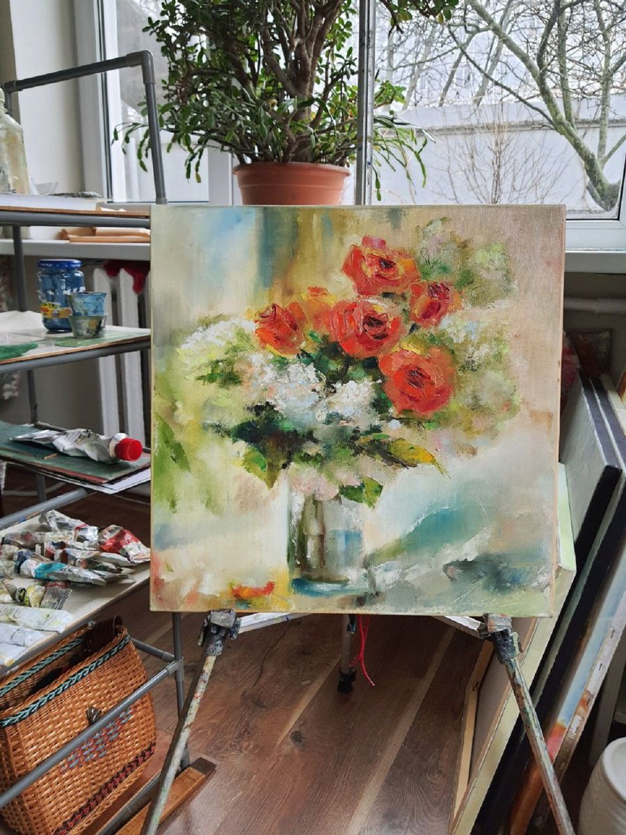 Expressive Botanical Oil Painting By Olha Laptieva, 18 X 18", This Morning And Roses For You, Original Artwork