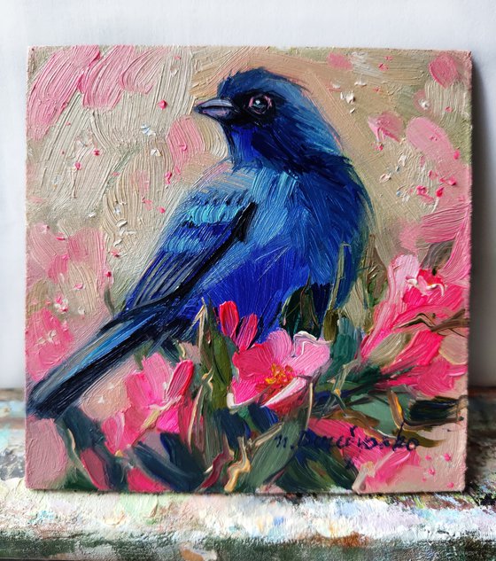 Original painting bird on pink blossom branch 4x4, Small paintings framed art blue bird of happiness