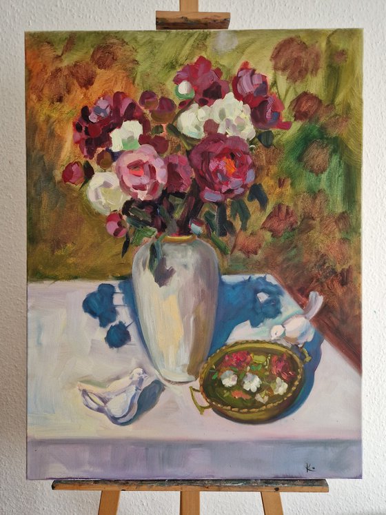 Still-life with flower and birds "Sunny peonies"